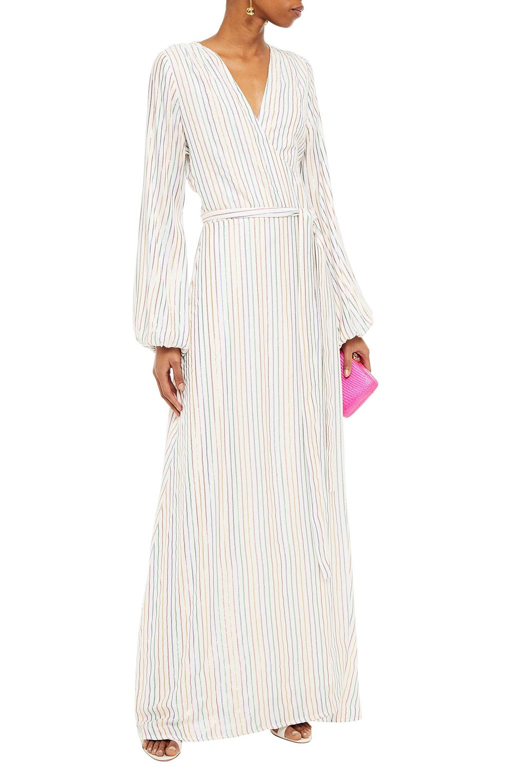 MELISSA ODABASH Metallic striped gauze maxi wrap dress
