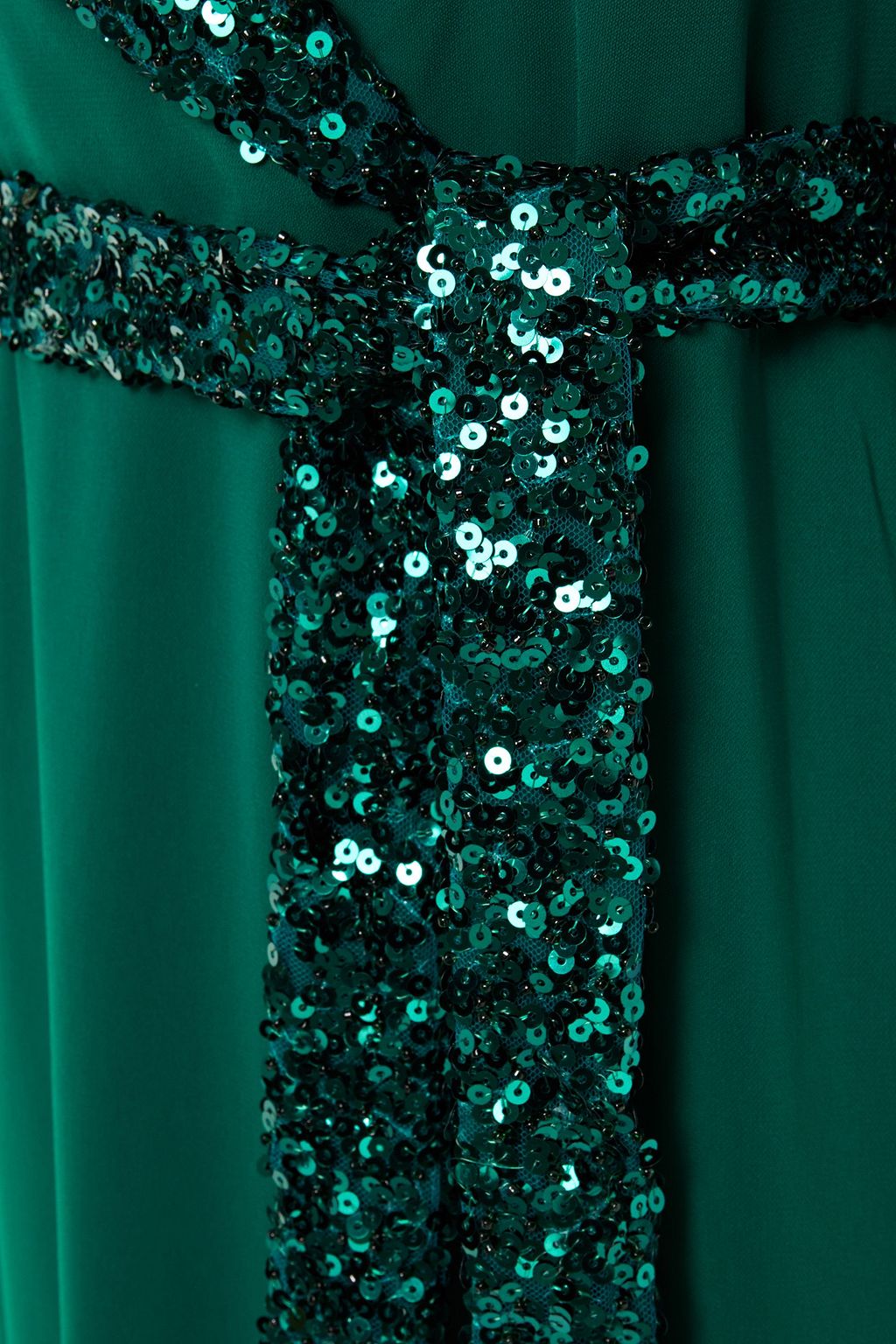 BADGLEY MISCHKA Wrap-effect sequin-embellished stretch-crepe gown