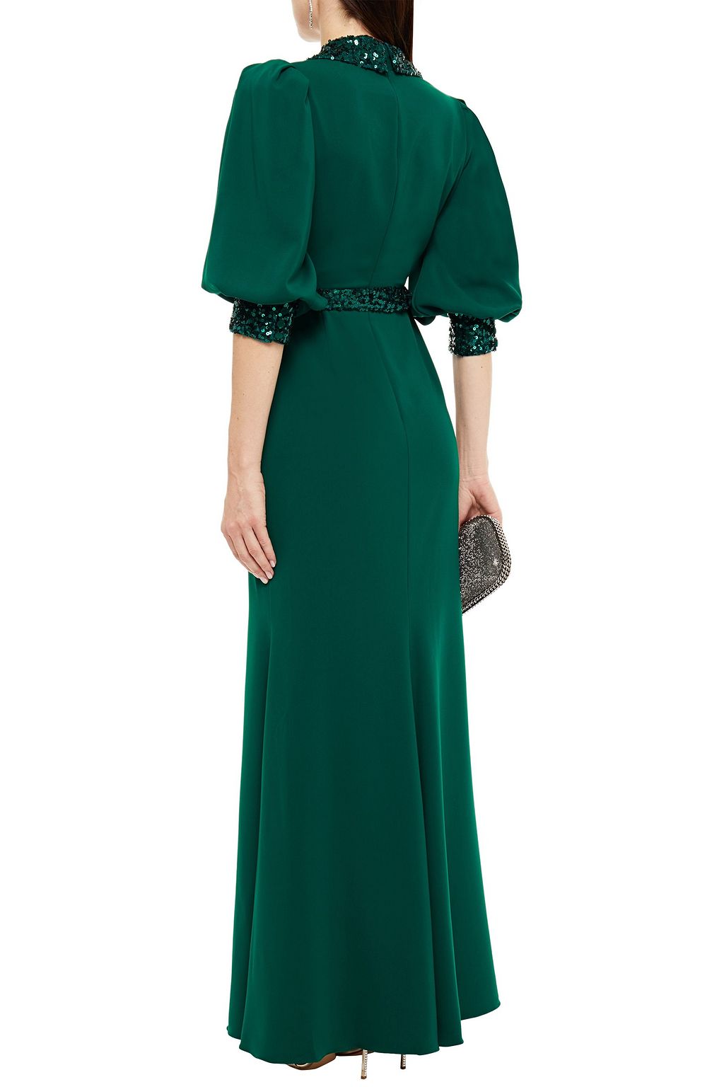 BADGLEY MISCHKA Wrap-effect sequin-embellished stretch-crepe gown