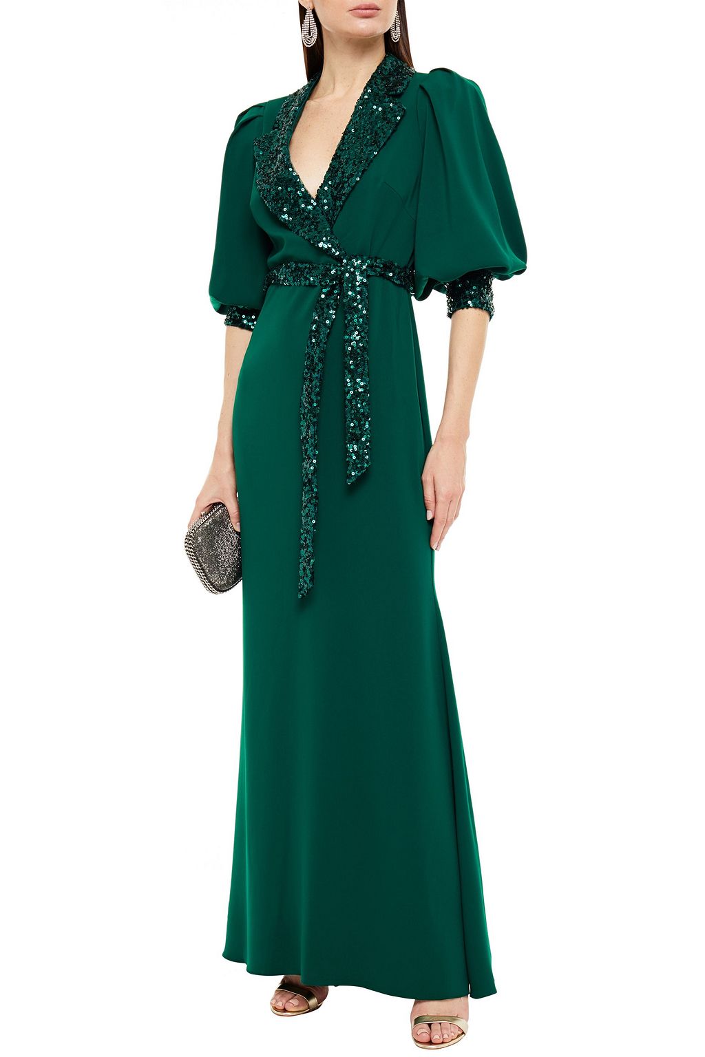 BADGLEY MISCHKA Wrap-effect sequin-embellished stretch-crepe gown