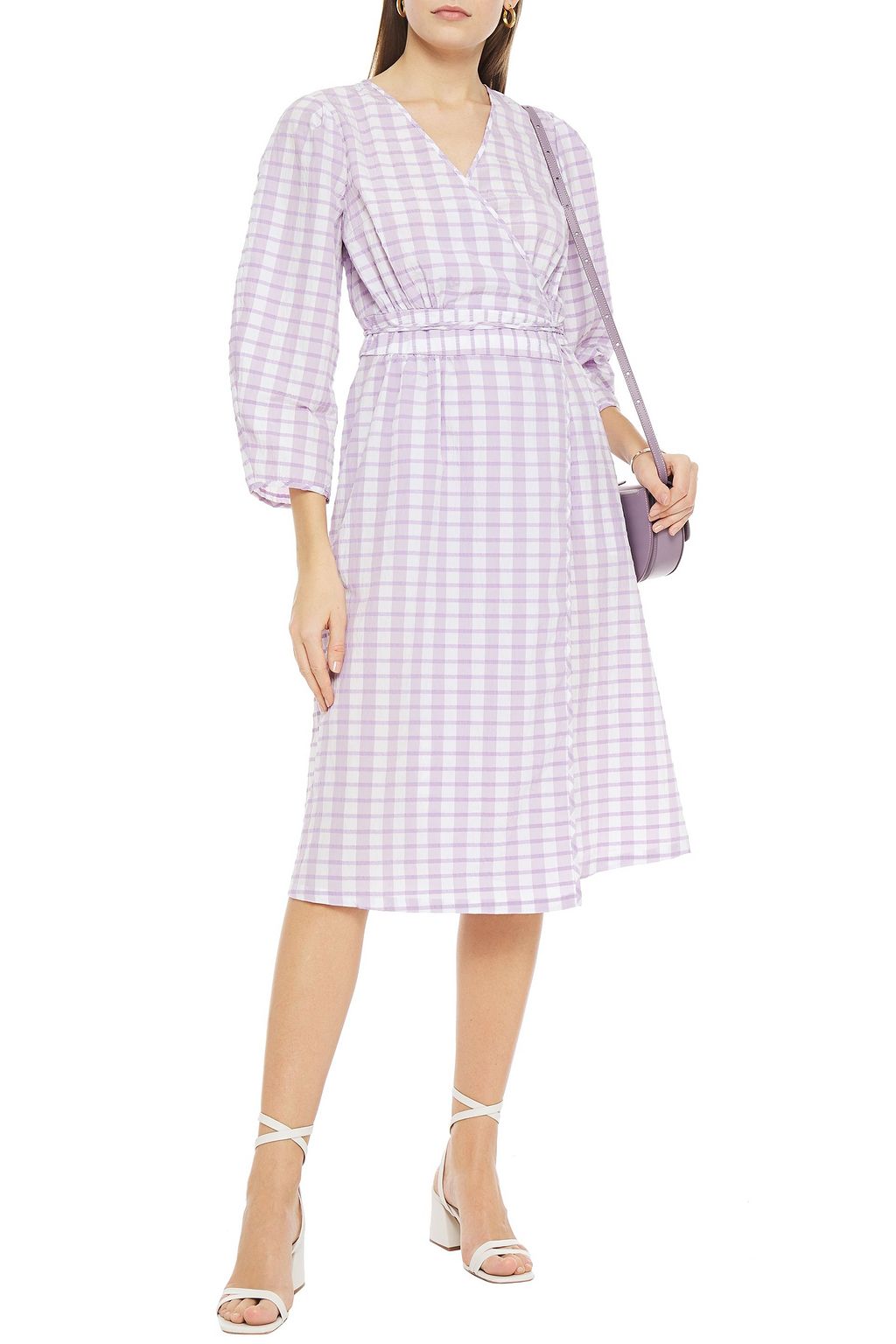 BAUM UND PFERDGARTEN Gathered checked seersucker midi wrap dress