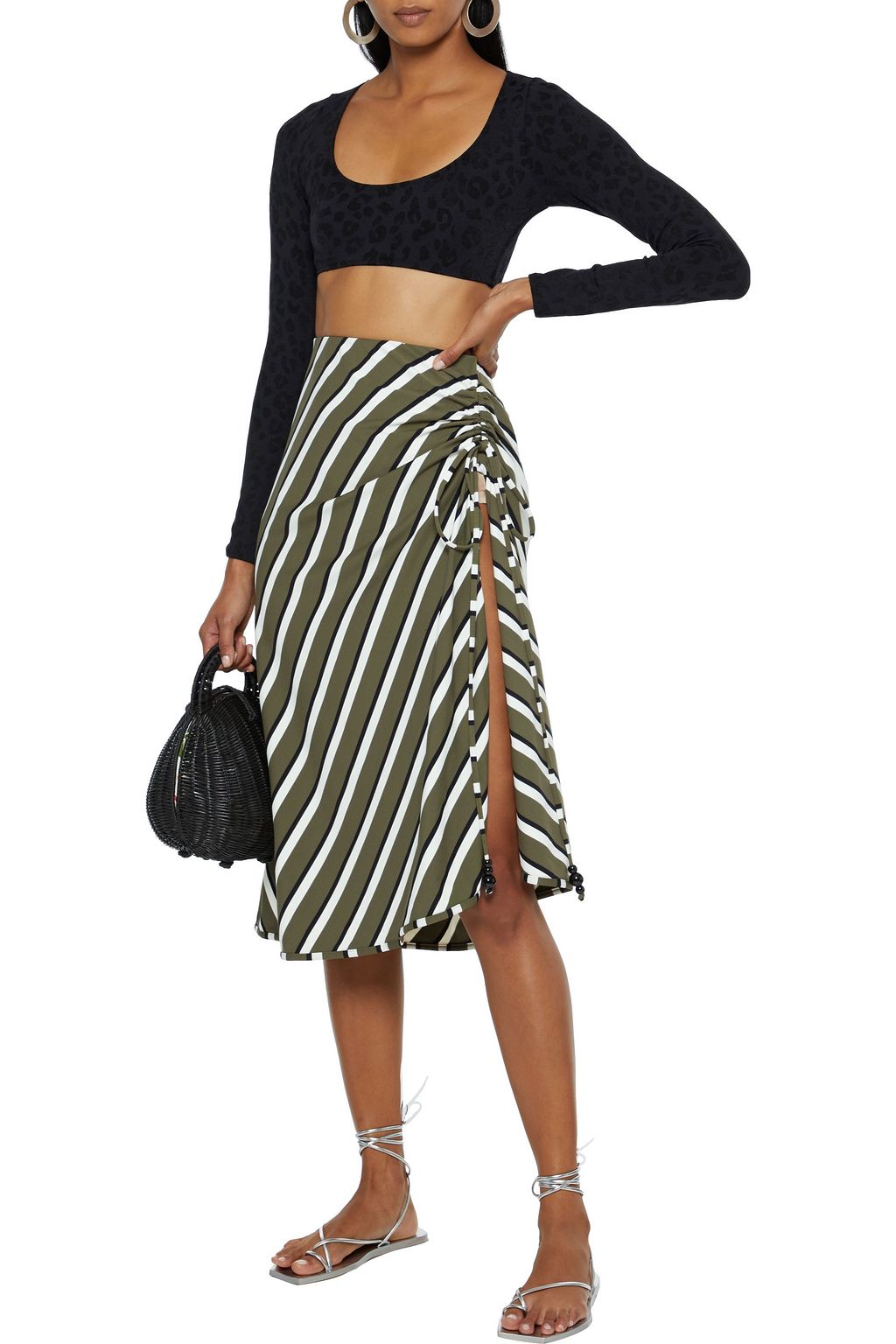 SOLID & STRIPED Ruched striped stretch-jersey skirt