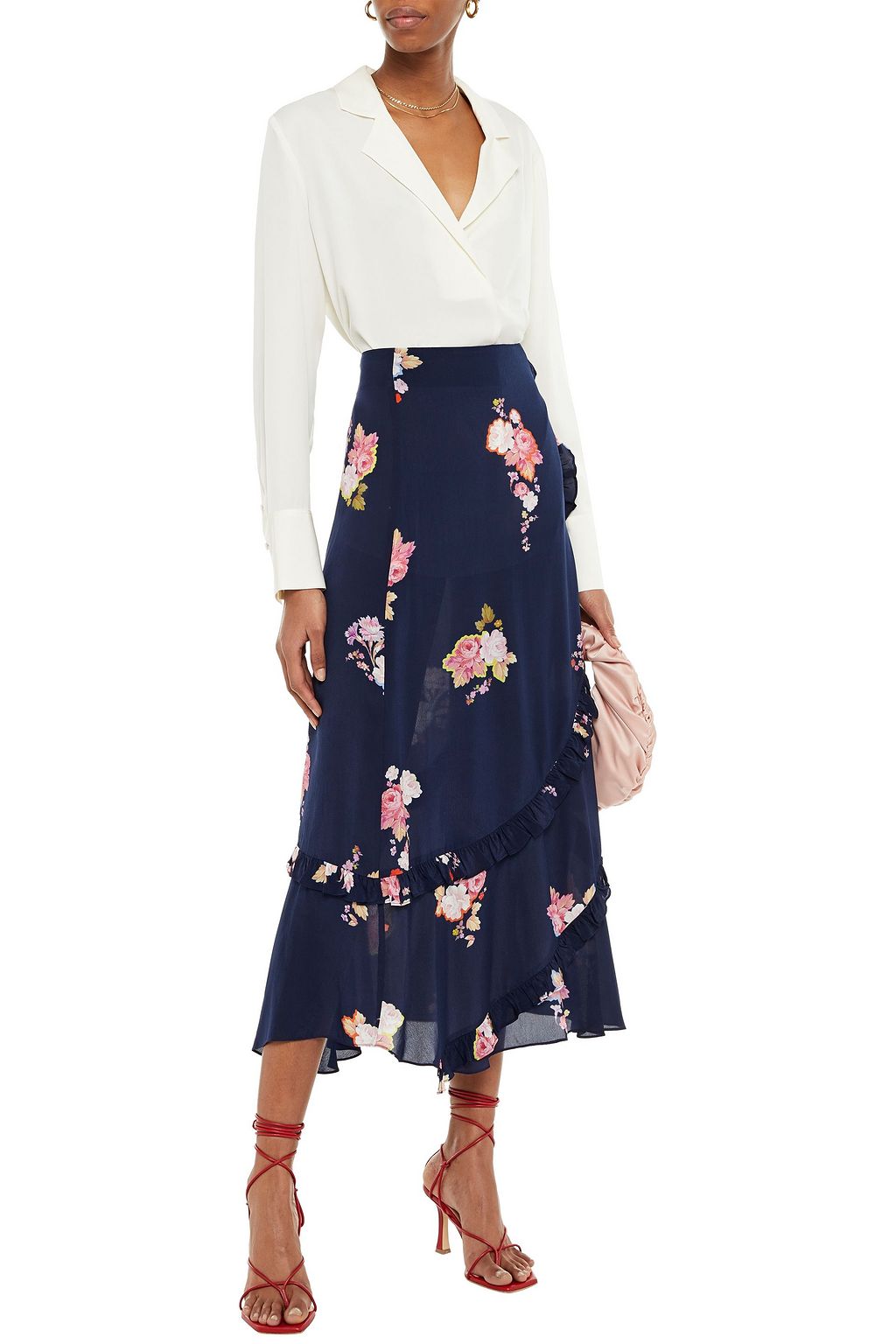PREEN LINE Nevah ruffled paneled printed checked crepe de chine skirt