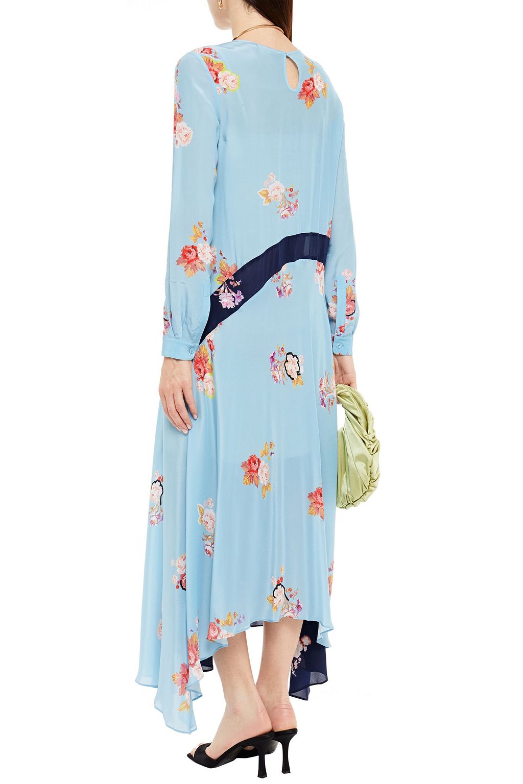 PREEN LINE Selena asymmetric color-block floral-print crepe de chine midi dress