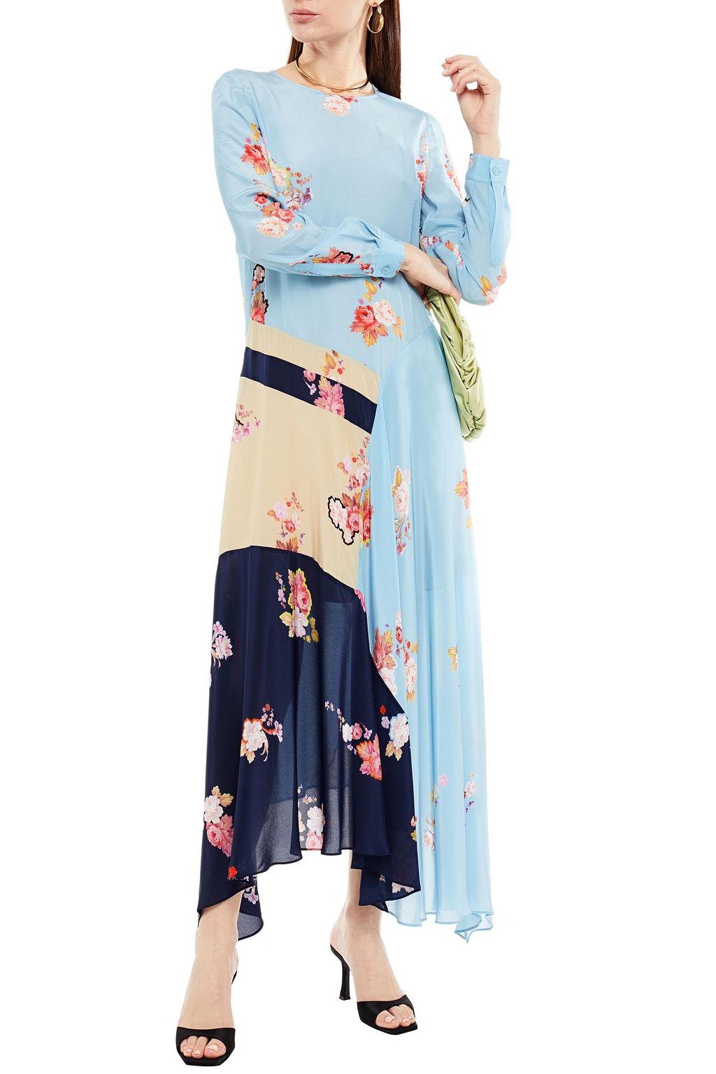 PREEN LINE Selena asymmetric color-block floral-print crepe de chine midi dress