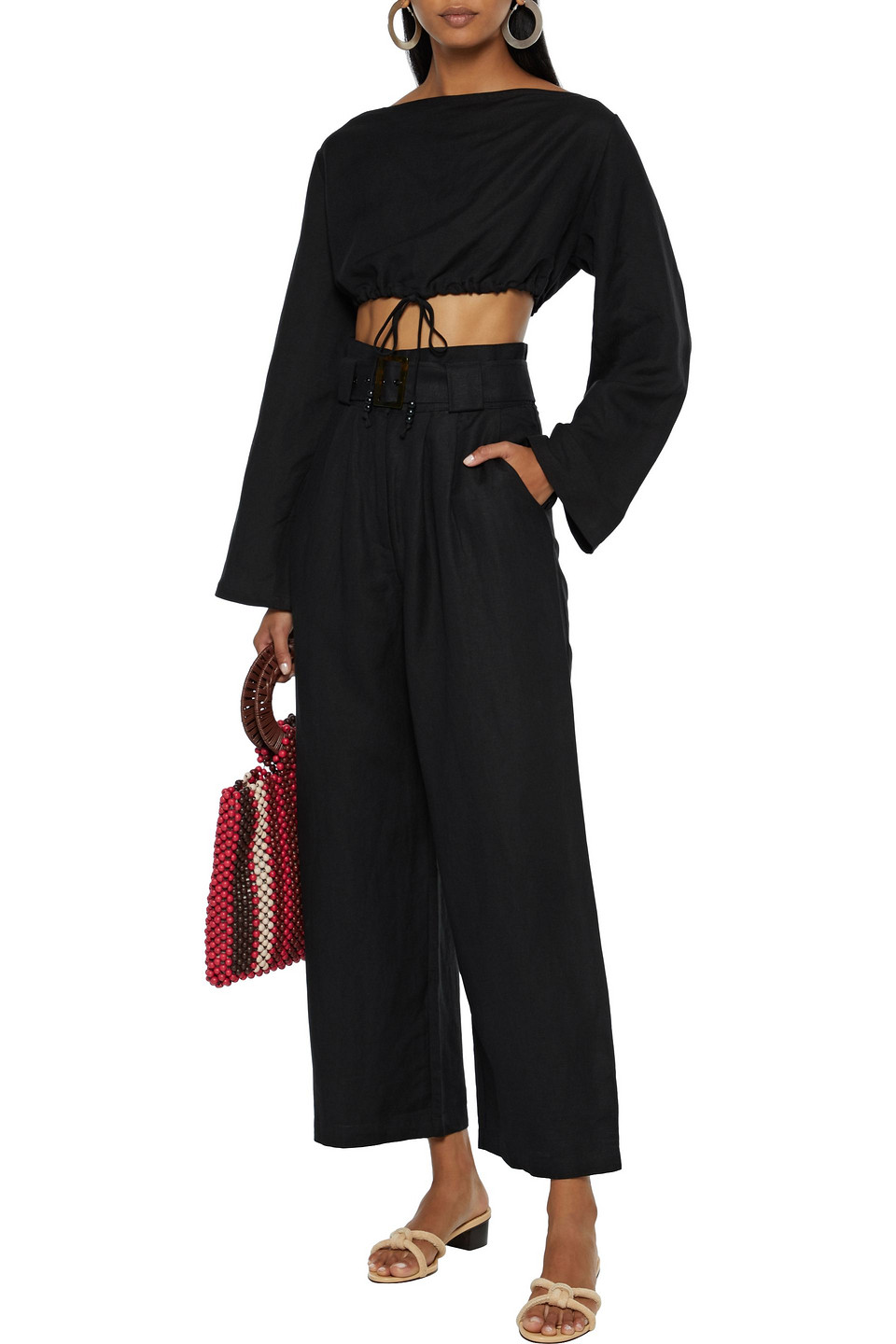 SOLID & STRIPED BELTED LINEN-BLEND WIDE-LEG PANTS