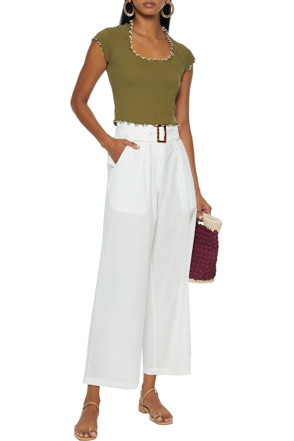 SOLID & STRIPED Belted seersucker wide-leg pants