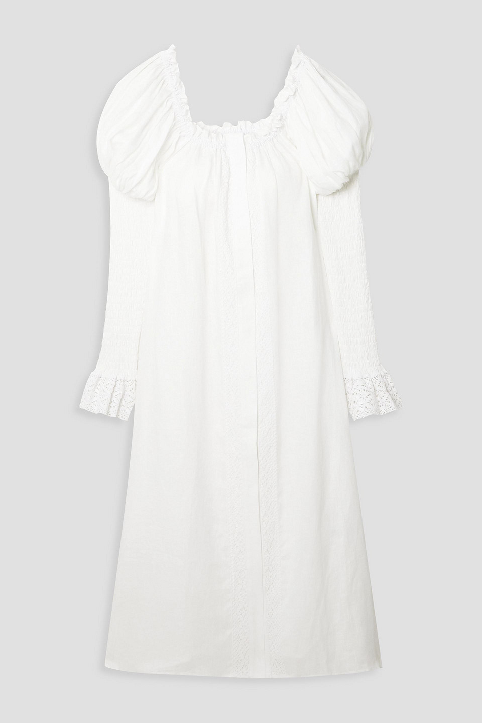 SLEEPER OPERA SHIRRED CROCHETED LACE-TRIMMED LINEN MIDI DRESS,3074457345635080633