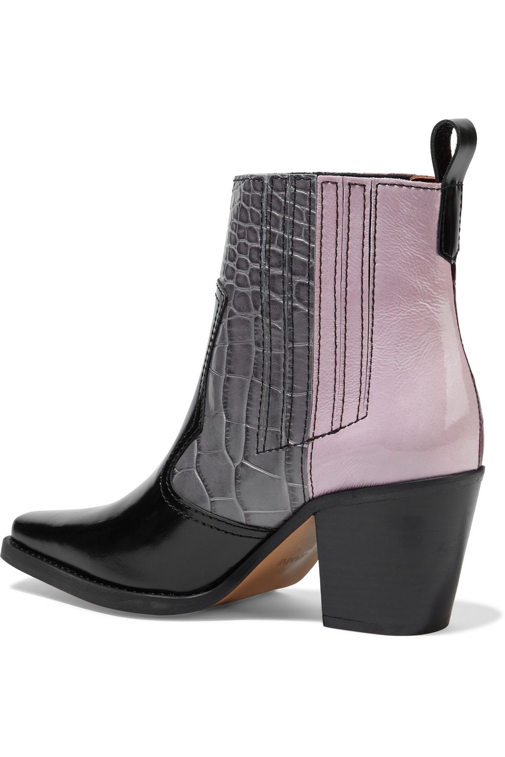 GANNI Callie paneled croc-effect and glossed-leather ankle boots