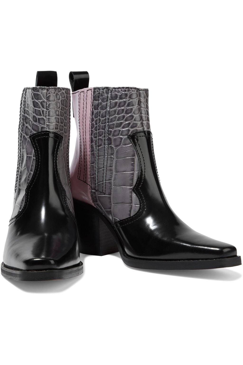 GANNI Callie paneled croc-effect and glossed-leather ankle boots