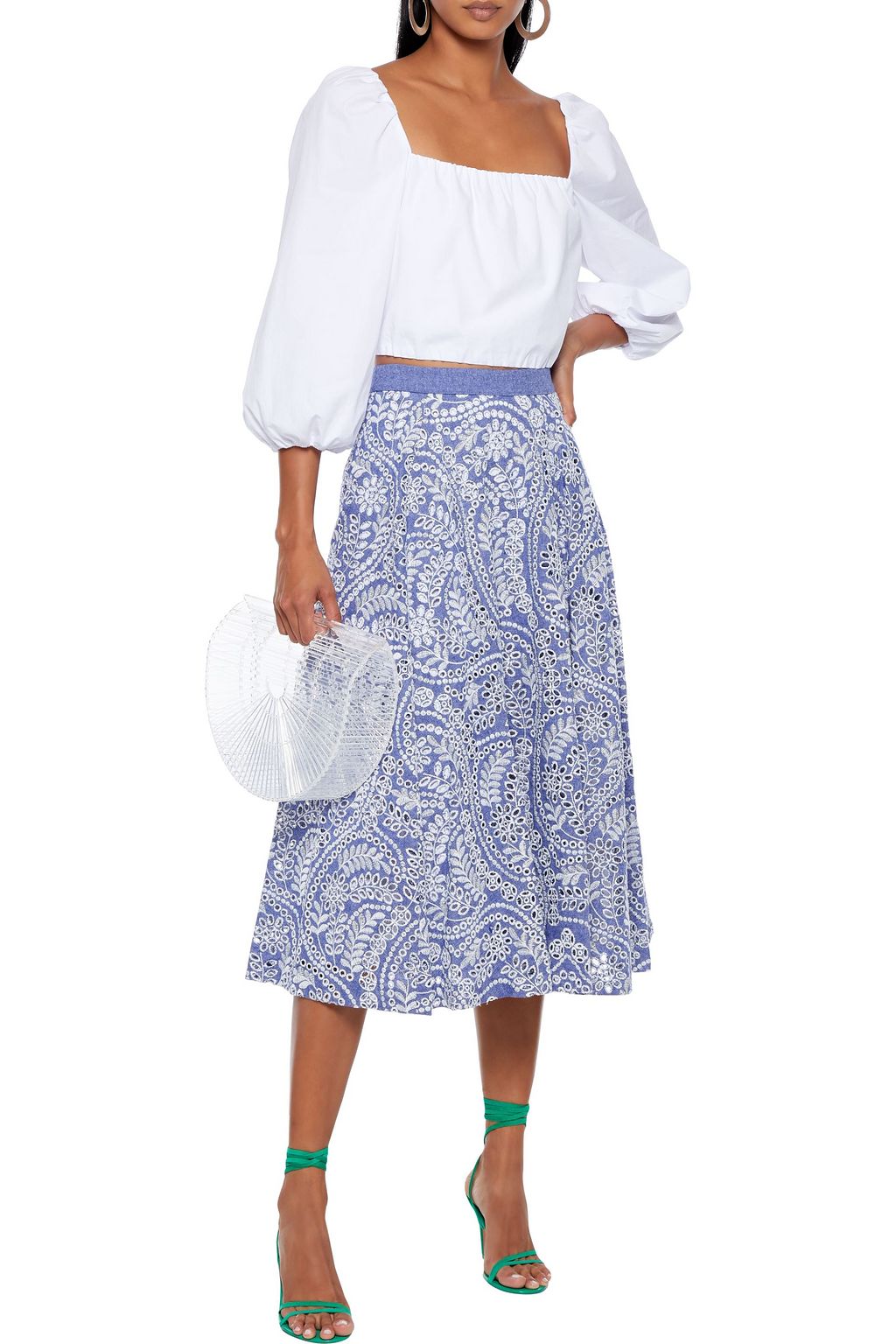 ALICE + OLIVIA Parcell broderie anglaise cotton-chambray midi skirt