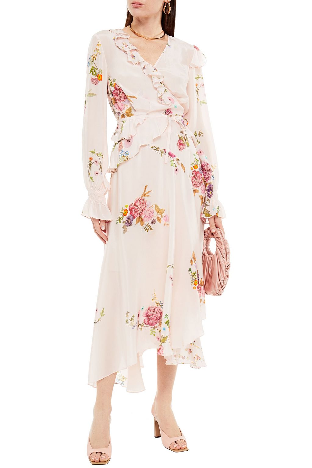 PREEN LINE Ruffled printed crepe de chine midi wrap dress