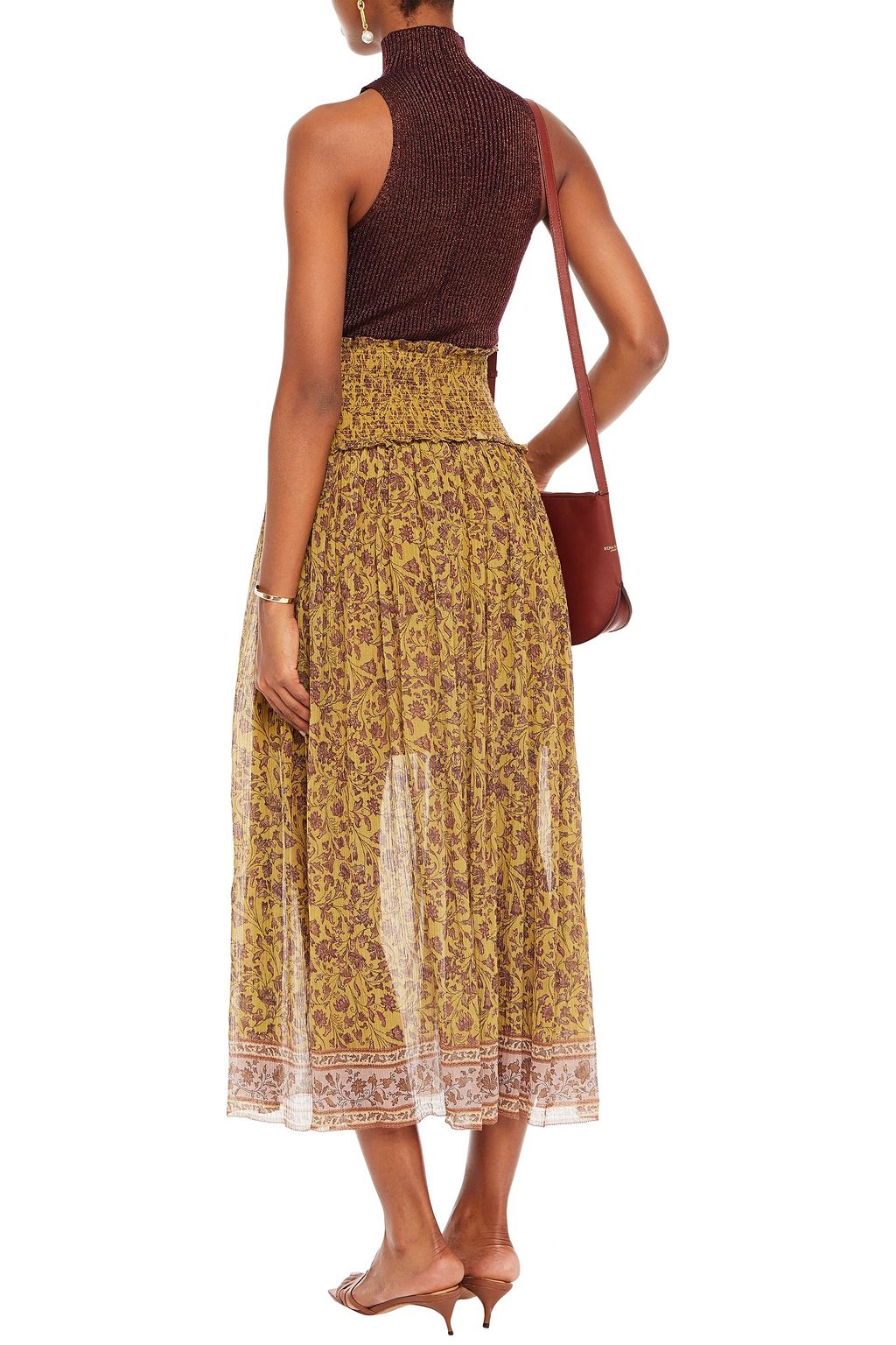 ZIMMERMANN Midirock aus Krepon aus einer Baumwoll-Seidenmischung mit floralem Print und Raffung