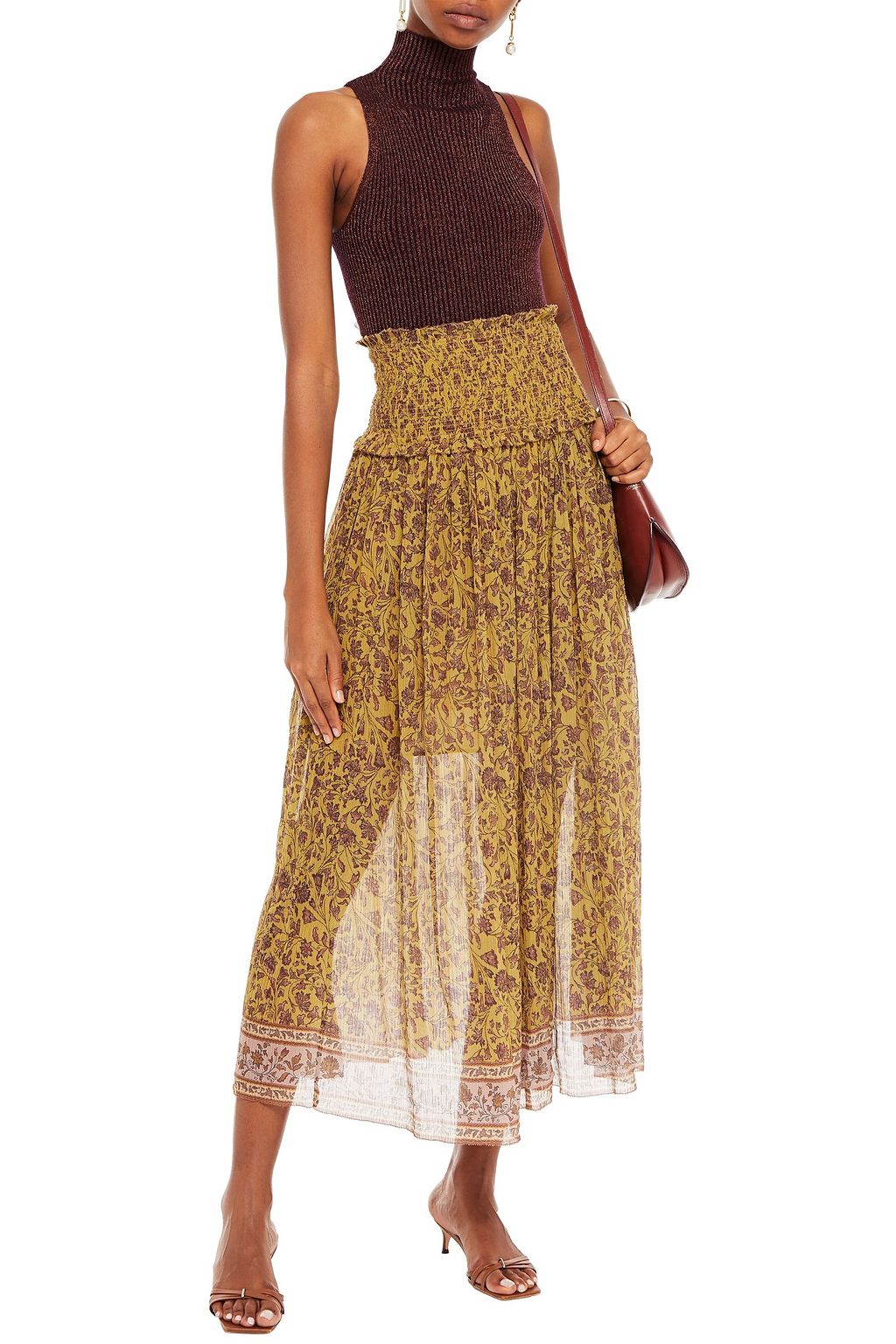 ZIMMERMANN Midirock aus Krepon aus einer Baumwoll-Seidenmischung mit floralem Print und Raffung