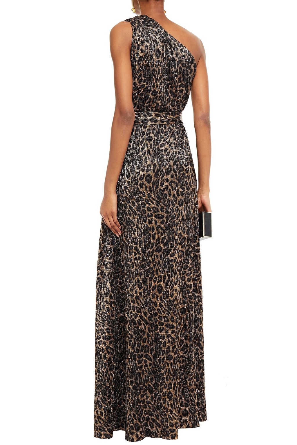 MELISSA ODABASH One-shoulder belted ruched metallic knitted maxi dress