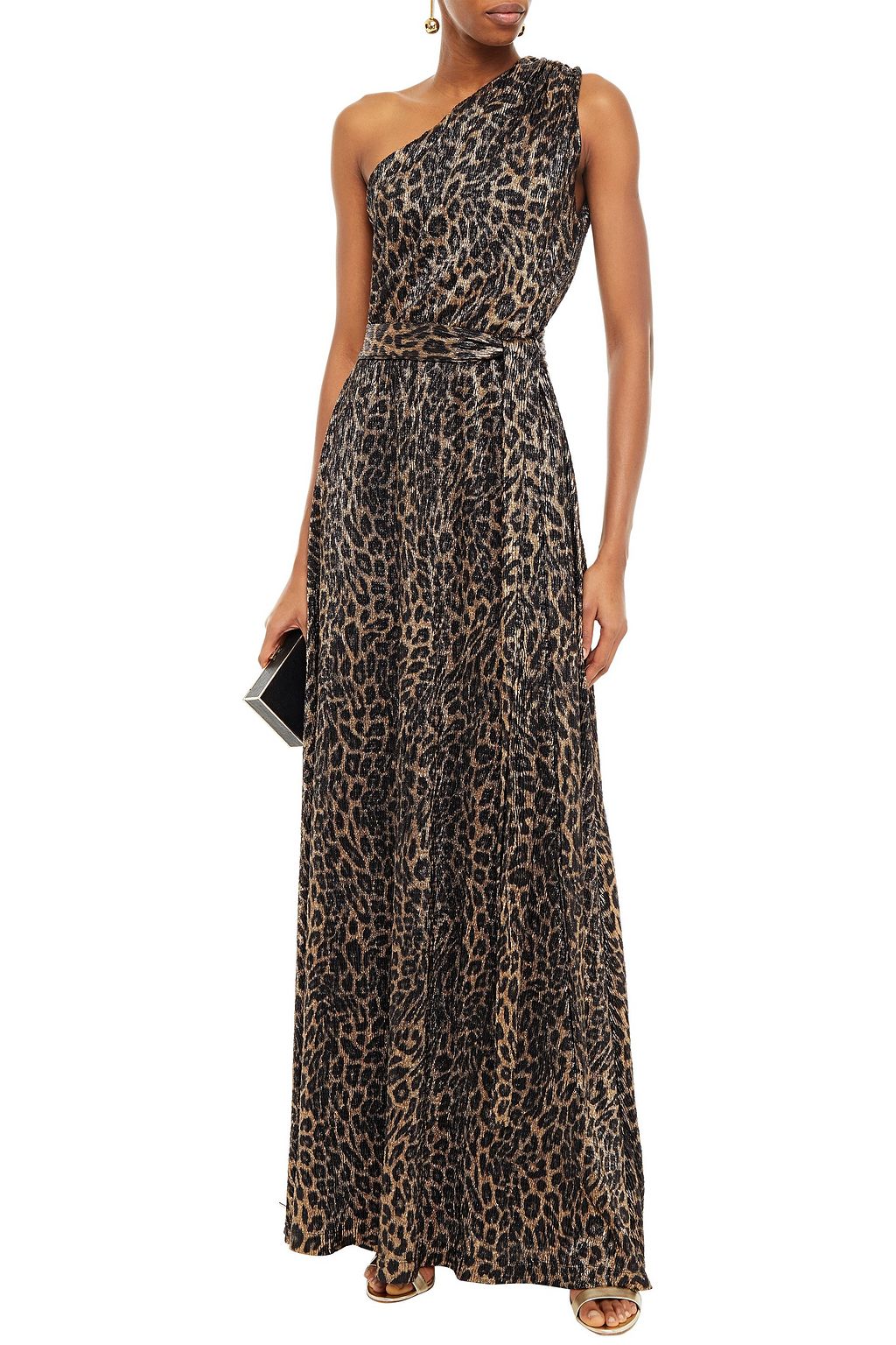 MELISSA ODABASH One-shoulder belted ruched metallic knitted maxi dress