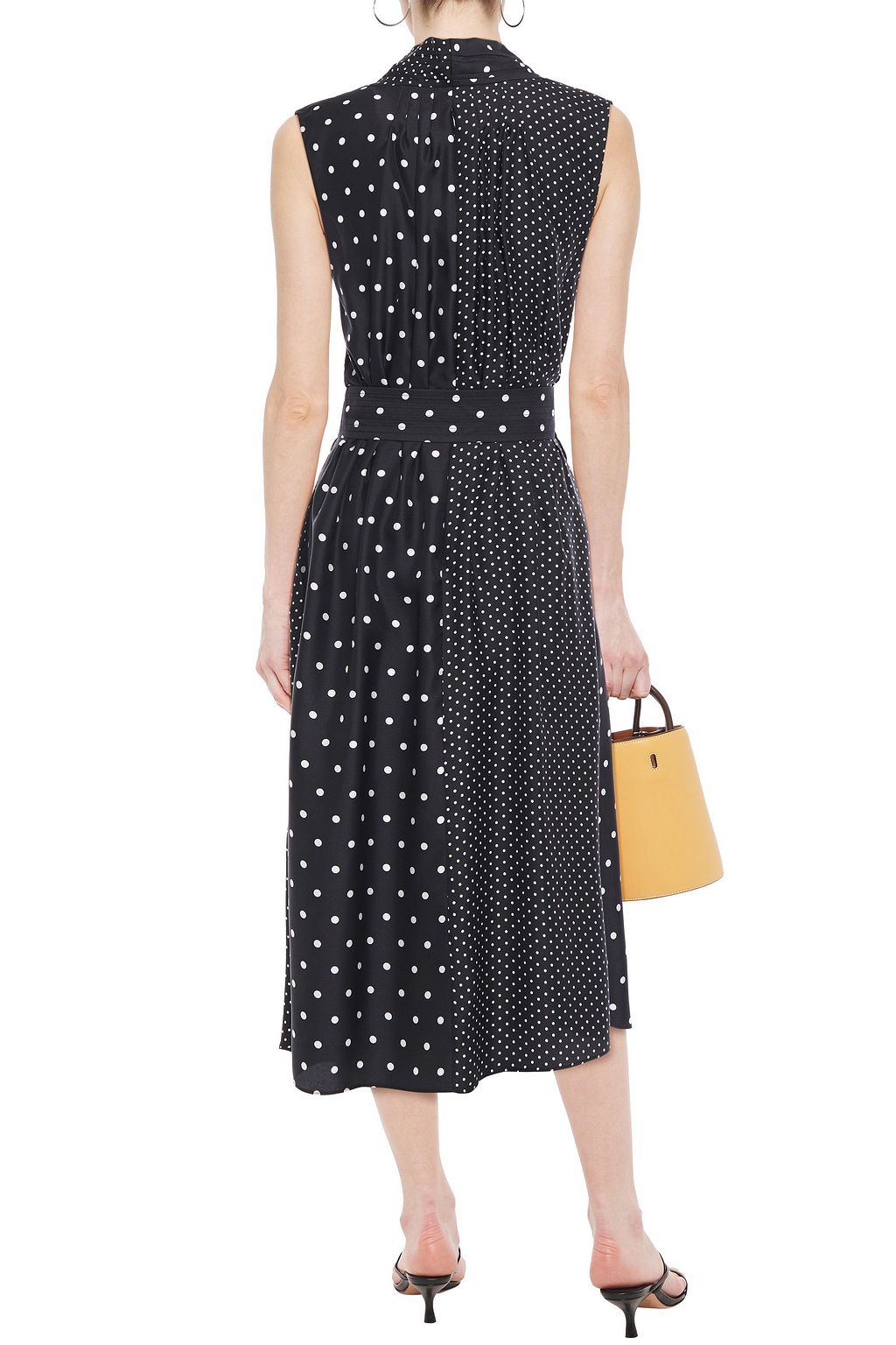 ADAM LIPPES Paneled pleated polka-dot silk-twill midi dress