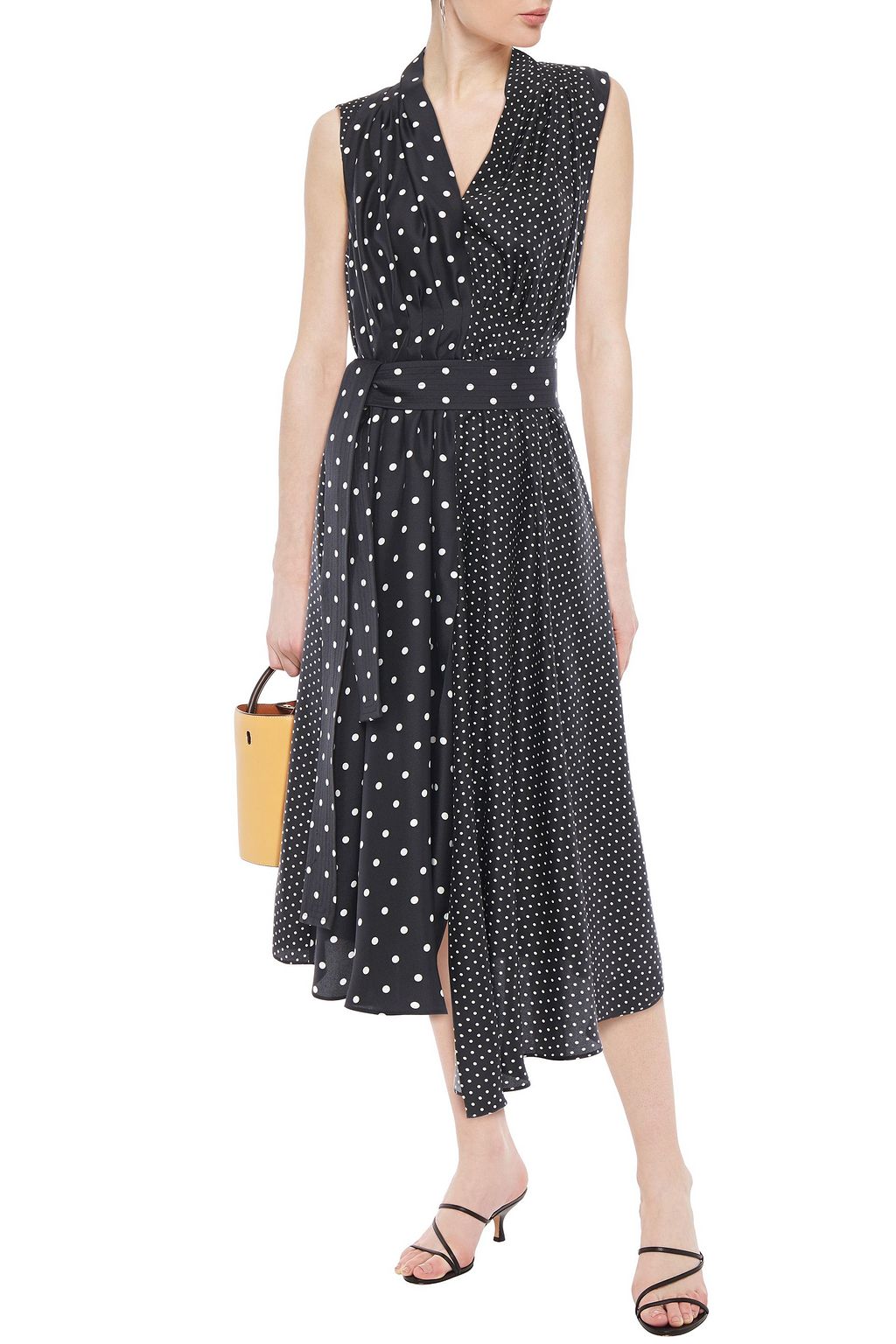ADAM LIPPES Paneled pleated polka-dot silk-twill midi dress
