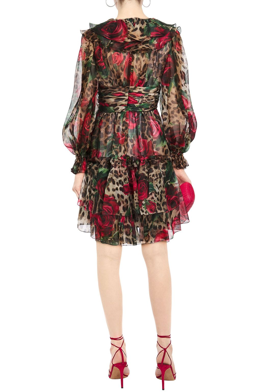 DOLCE&GABBANA فستان من الأورغنزا الحريري المطبع برسومات مزيّن بكشكش