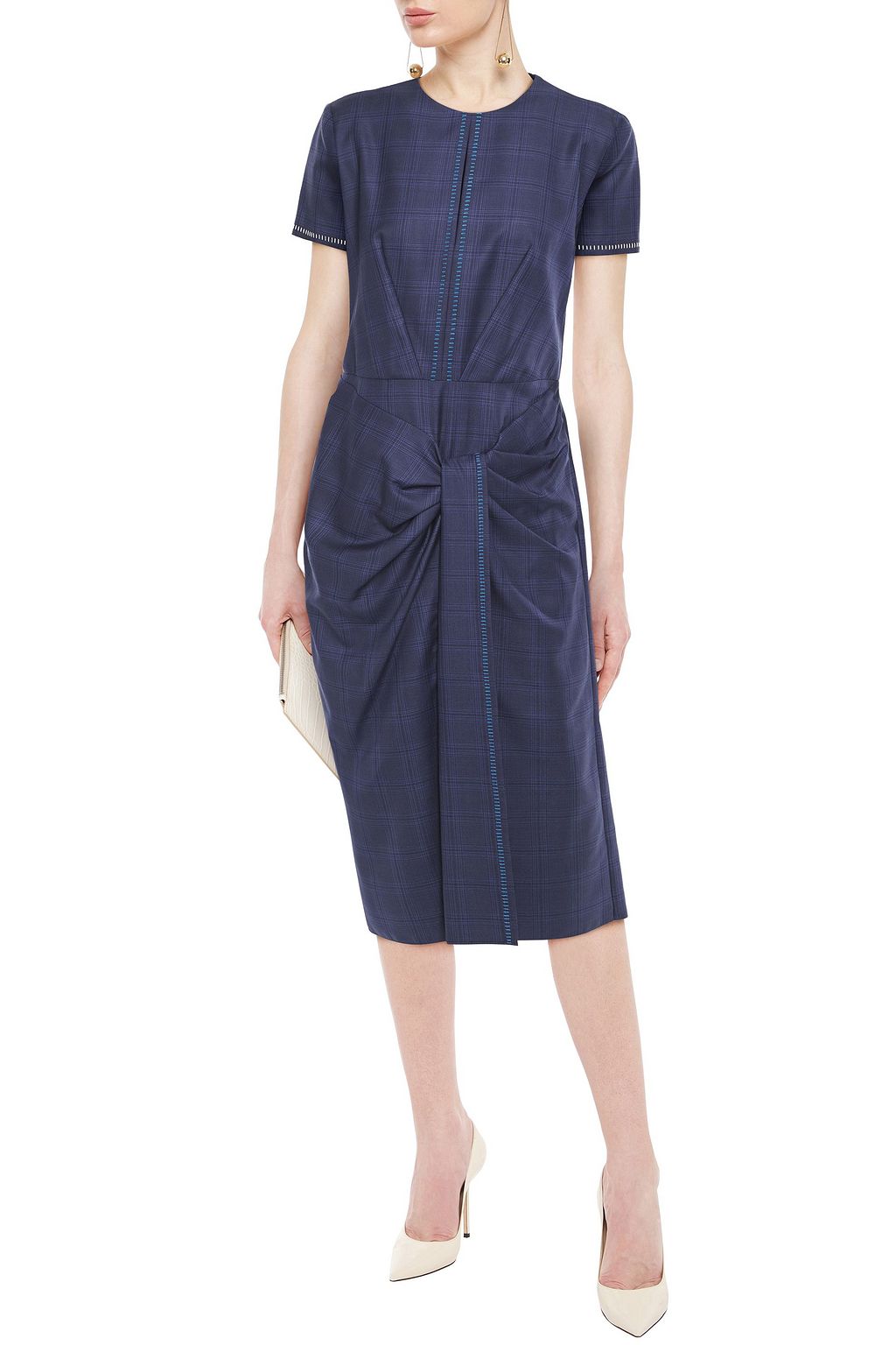 ROLAND MOURET Dalva gathered Prince of Wales checked wool and silk-blend midi dress