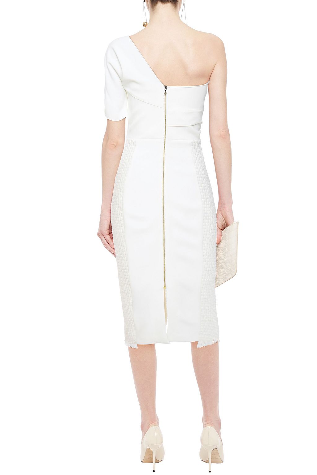 ROLAND MOURET فستان متوسط الطول مكشوف الكتف من الكريب والجاكار مع طيّات