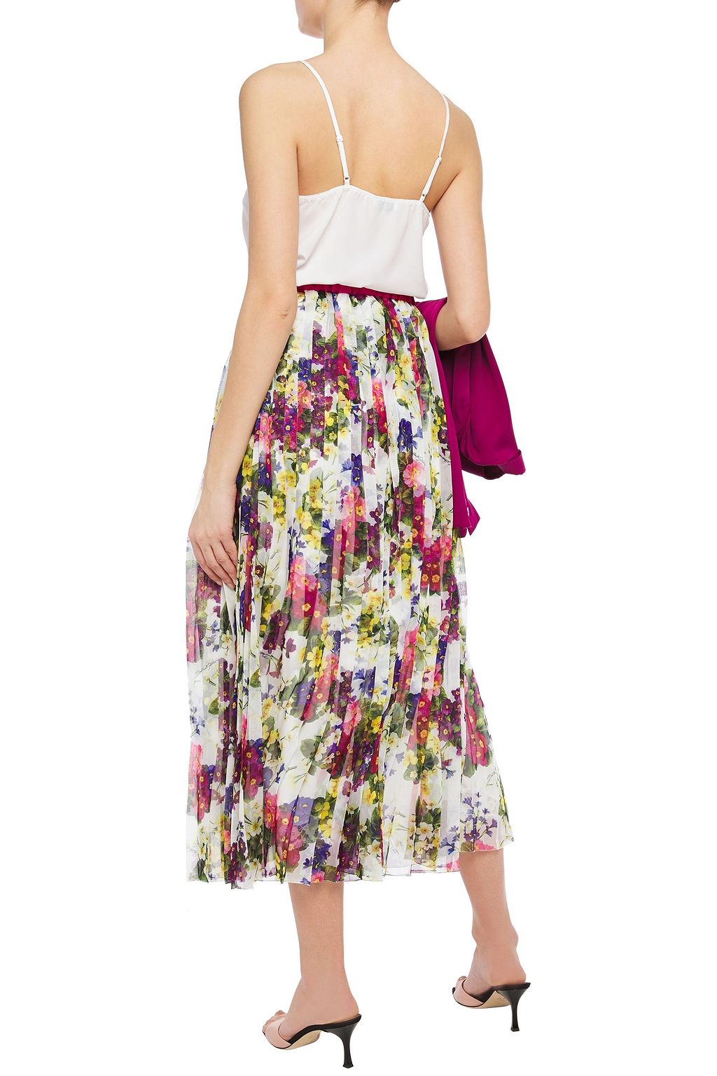 DOLCE&GABBANA Satin-trimmed pleated floral-print chiffon midi skirt