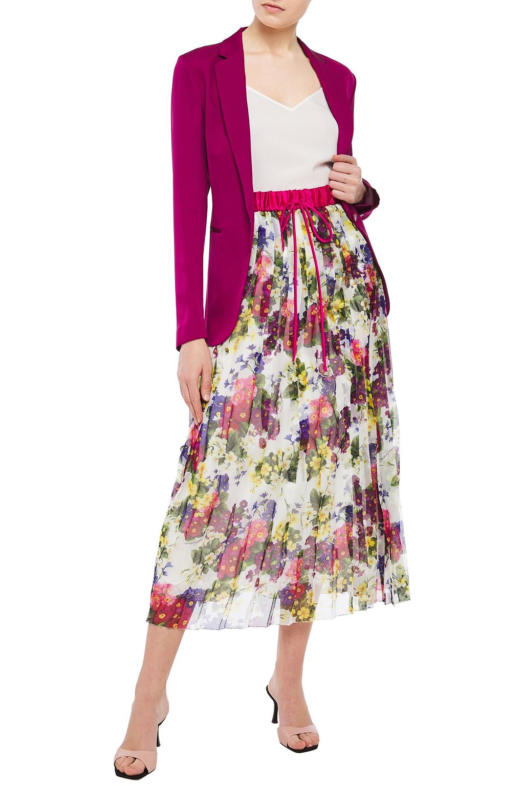 DOLCE&GABBANA Satin-trimmed pleated floral-print chiffon midi skirt