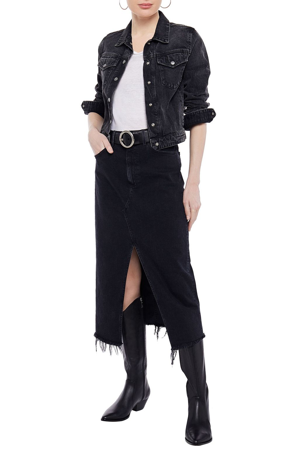 3X1 NYC Izabella split-front frayed denim midi skirt