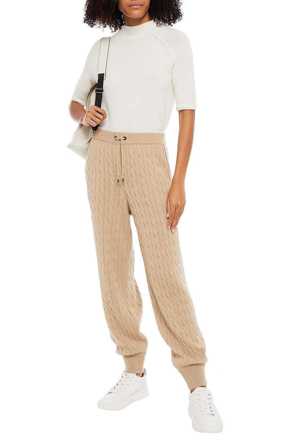 Brunello Cucinelli Bead-embellished Cable-knit Cashmere Track Trousers In Beige