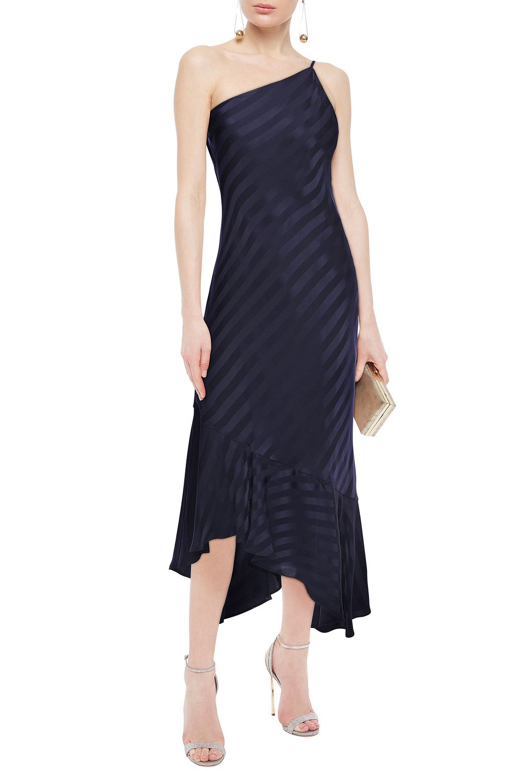 MICHELLE MASON One-shoulder asymmetric striped silk-satin jacquard dress
