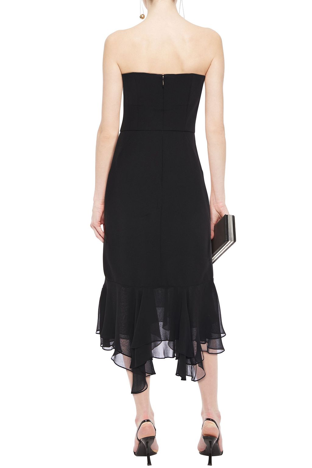 HALSTON Asymmetric strapless chiffon-paneled stretch-cady dress