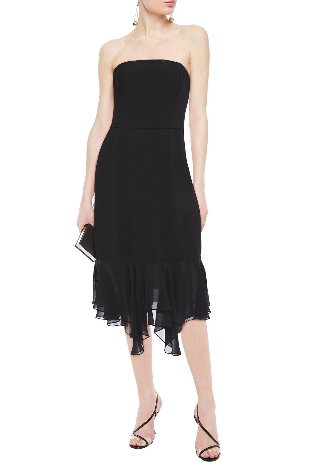 HALSTON Asymmetric strapless chiffon-paneled stretch-cady dress