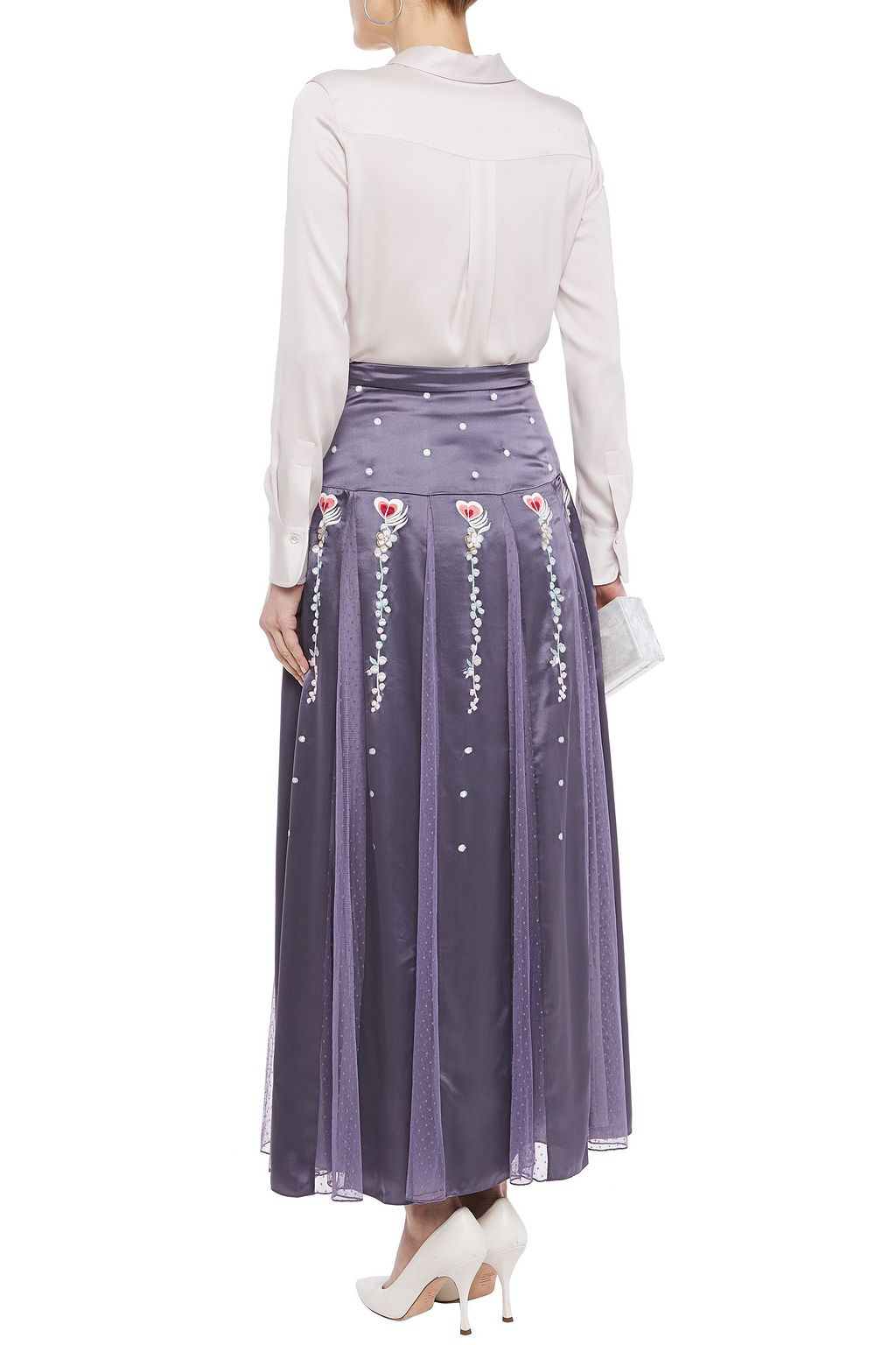 TEMPERLEY LONDON Firebird point d'esprit-paneled embroidered satin maxi skirt