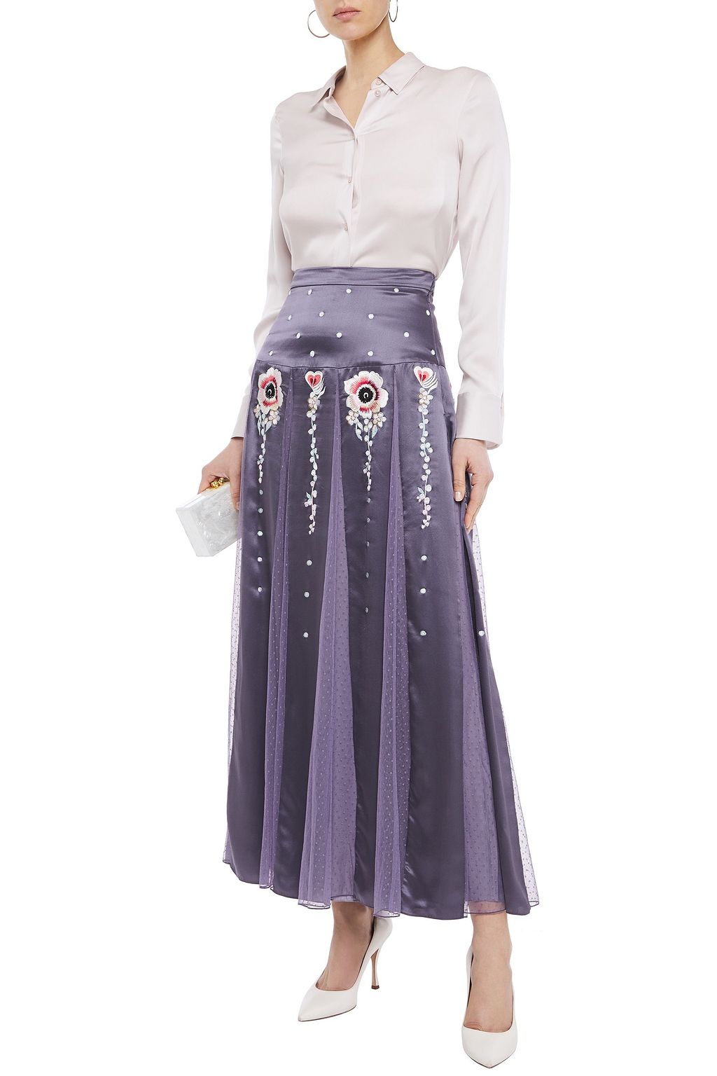 TEMPERLEY LONDON Firebird point d'esprit-paneled embroidered satin maxi skirt