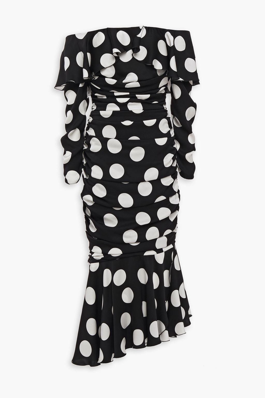 DOLCE GABBANA Off the shoulder ruffled polka dot silk blend