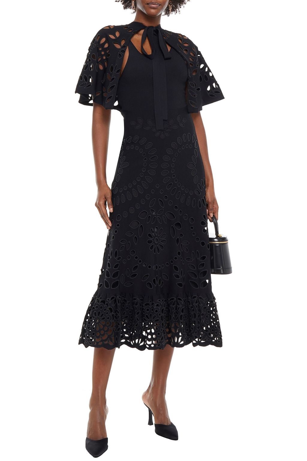 VALENTINO GARAVANI ケープ風 タイネック イギリス刺繍入り ミディワンピース