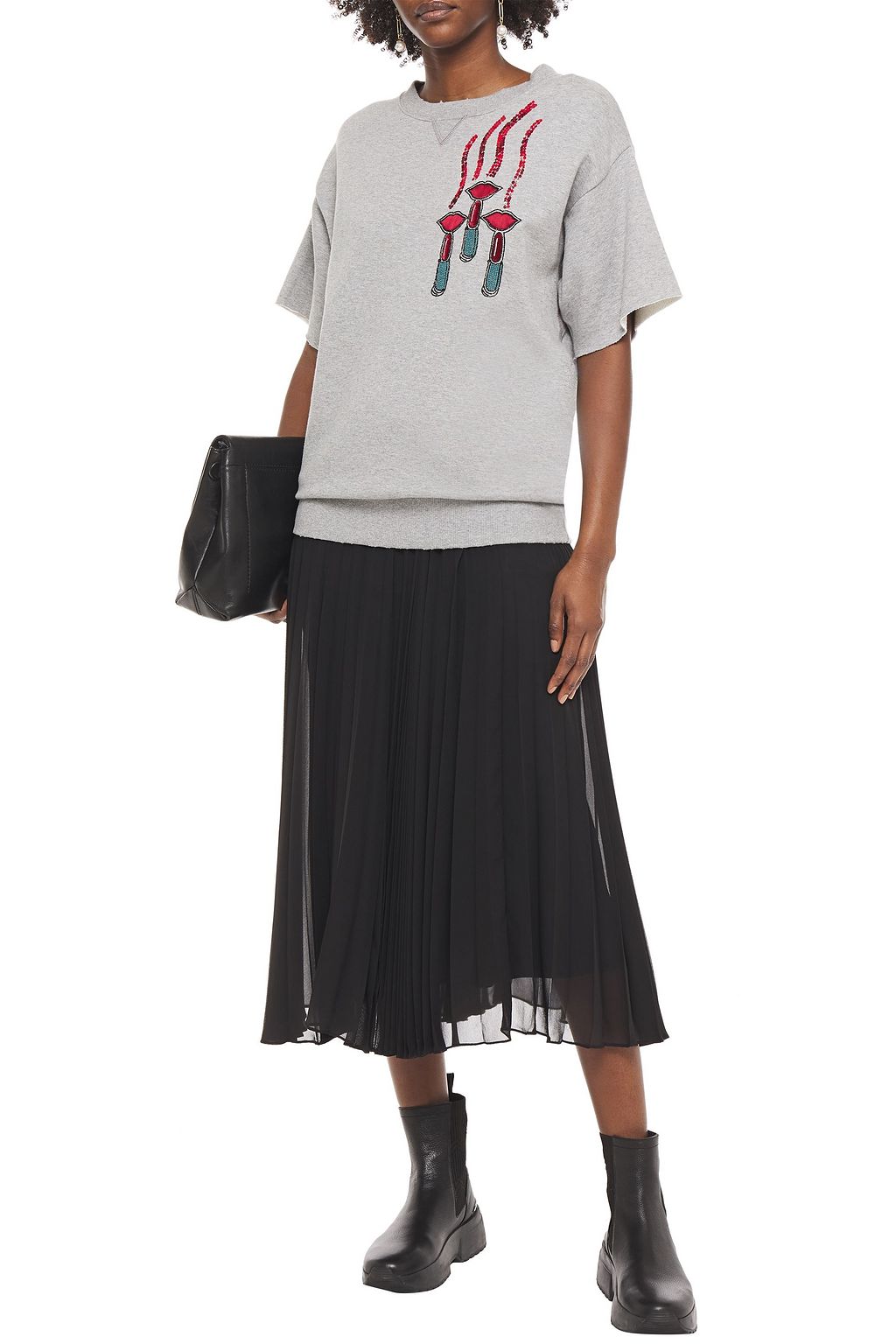 VALENTINO GARAVANI Embellished mélange French cotton-blend terry top