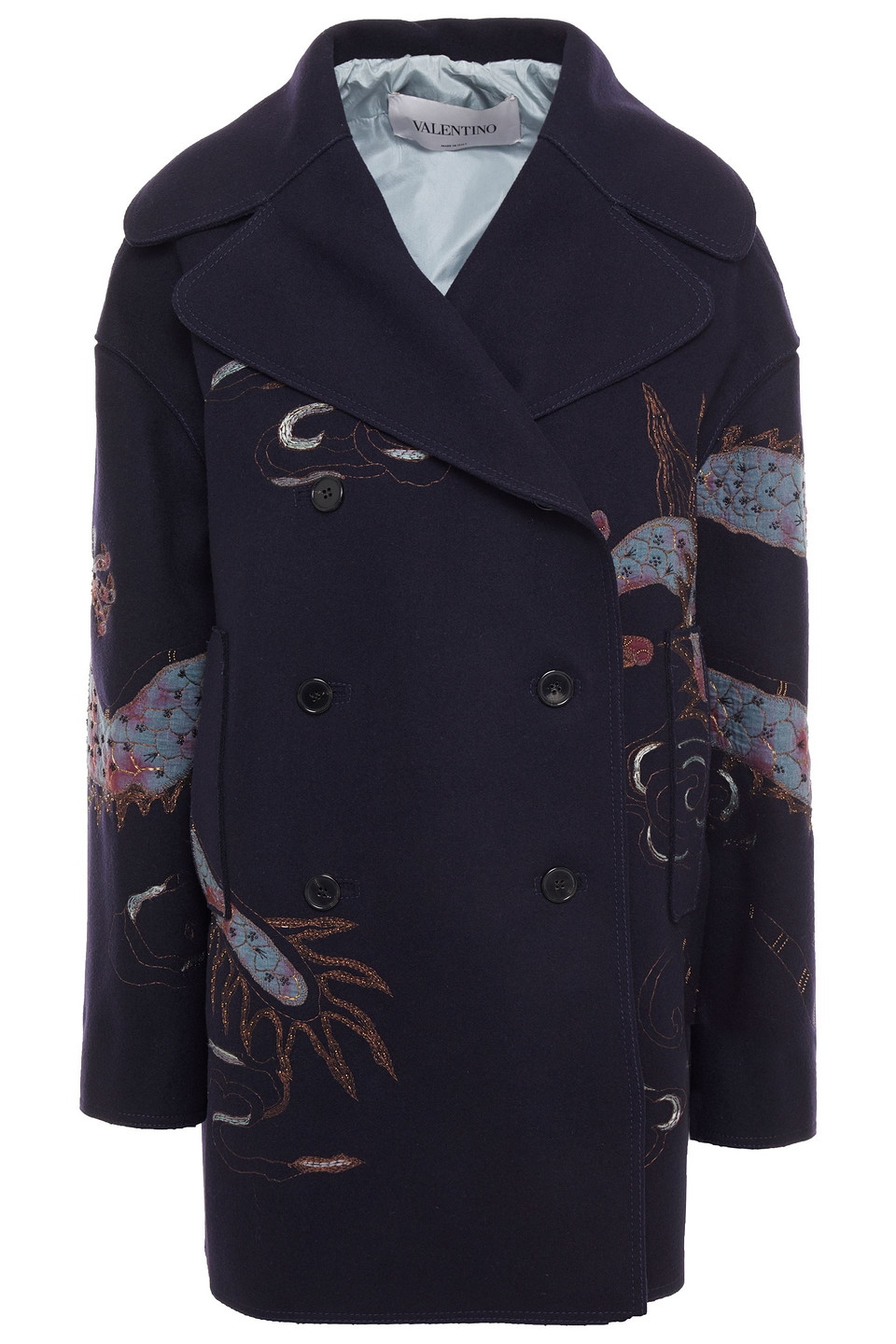 Valentino Woman Metallic-trimmed Embellished Wool-felt Coat Navy Size 42