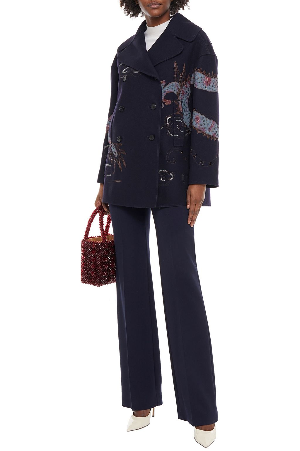 VALENTINO GARAVANI Metallic-trimmed embellished wool-felt coat