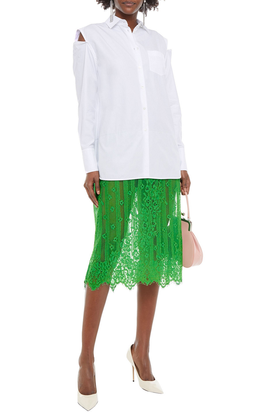 Valentino Corded Lace-paneled Cutout Cotton-poplin Shirt Dress In Green |  ModeSens