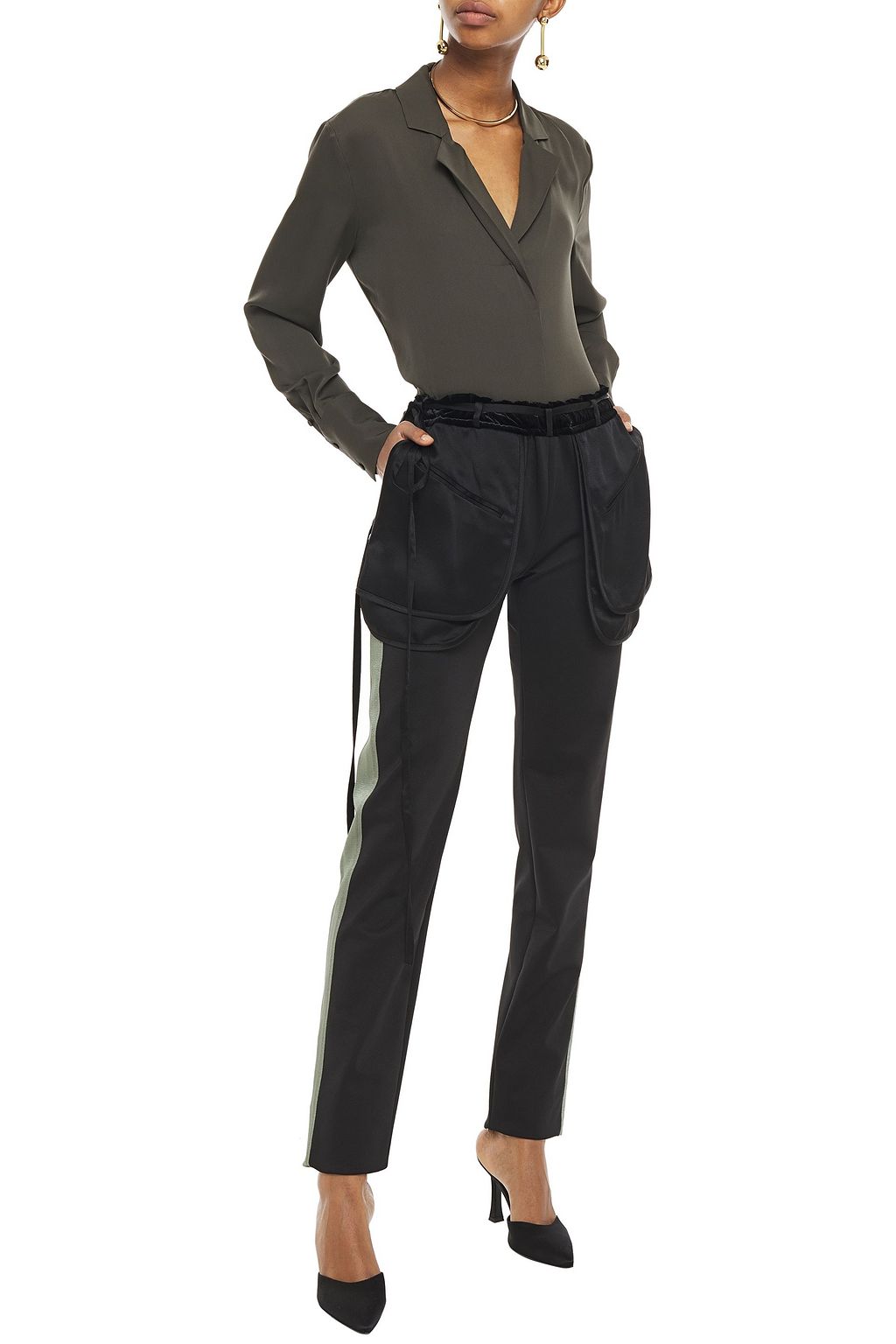 VALENTINO GARAVANI Velvet-trimmed satin-crepe slim-leg pants