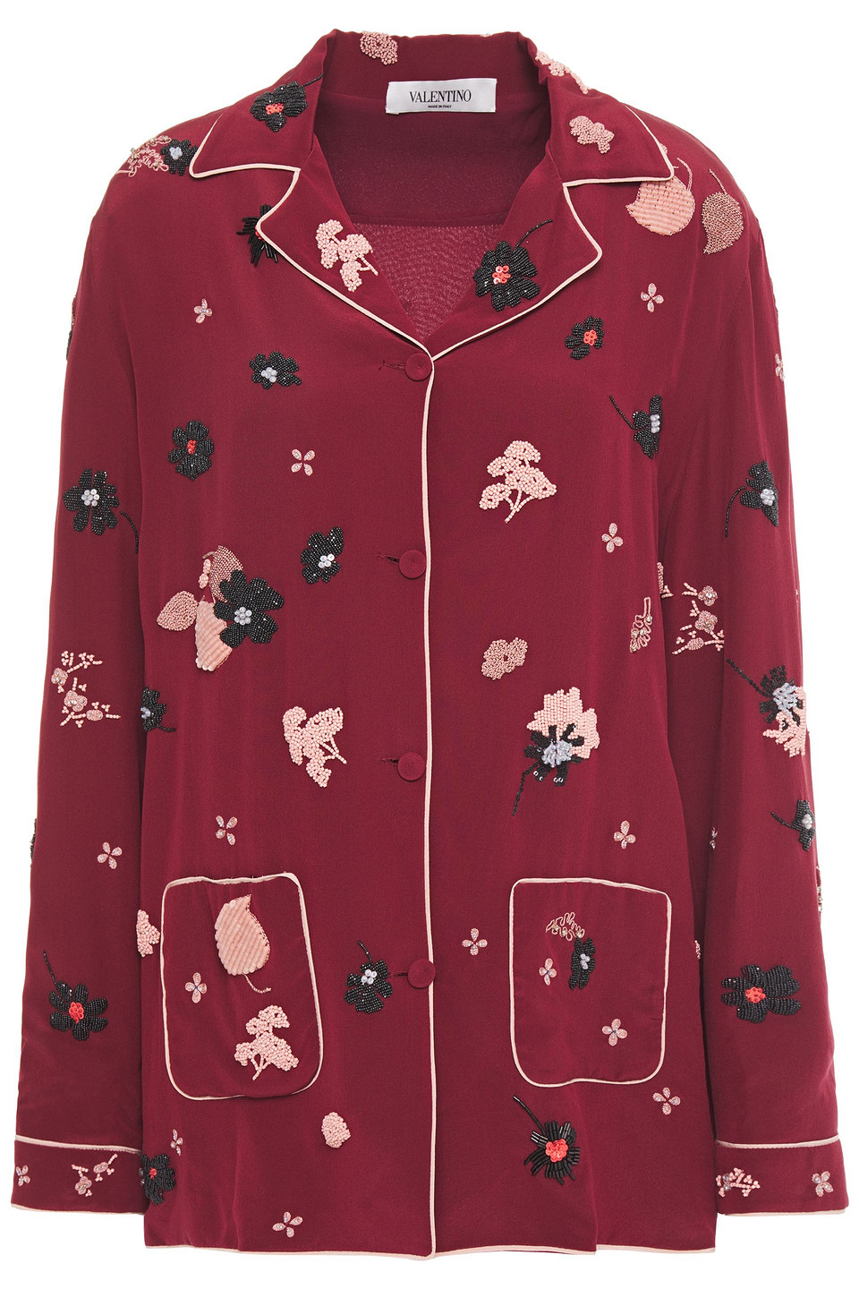Valentino Woman Embellished Silk Crepe De Chine Shirt Burgundy Size 38