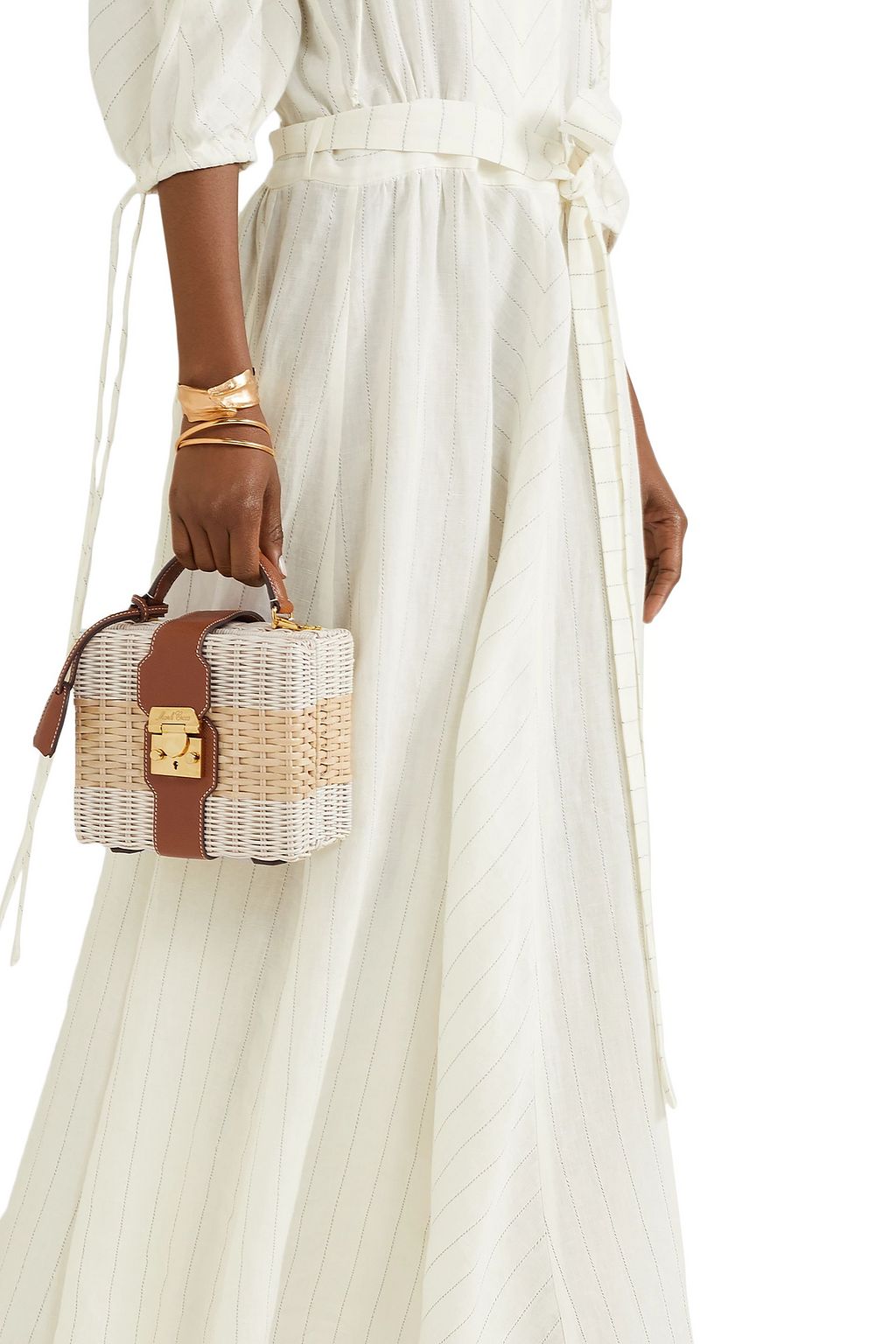 MARK CROSS Harley textured leather-trimmed two-tone rattan shoulder bag