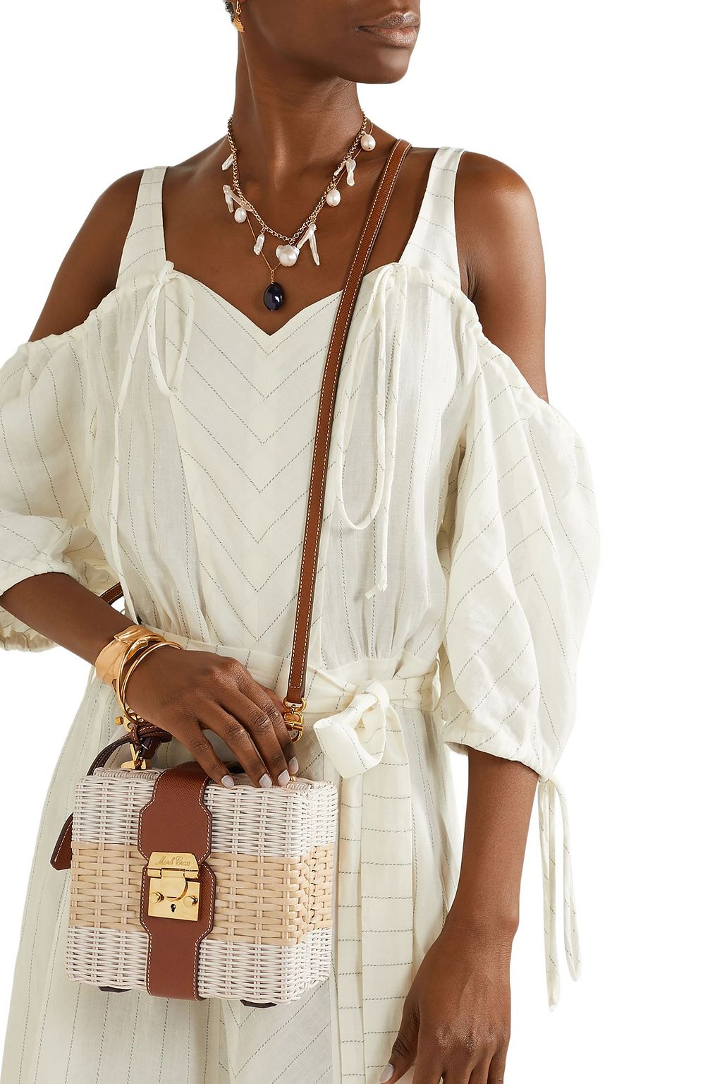 MARK CROSS Harley textured leather-trimmed two-tone rattan shoulder bag