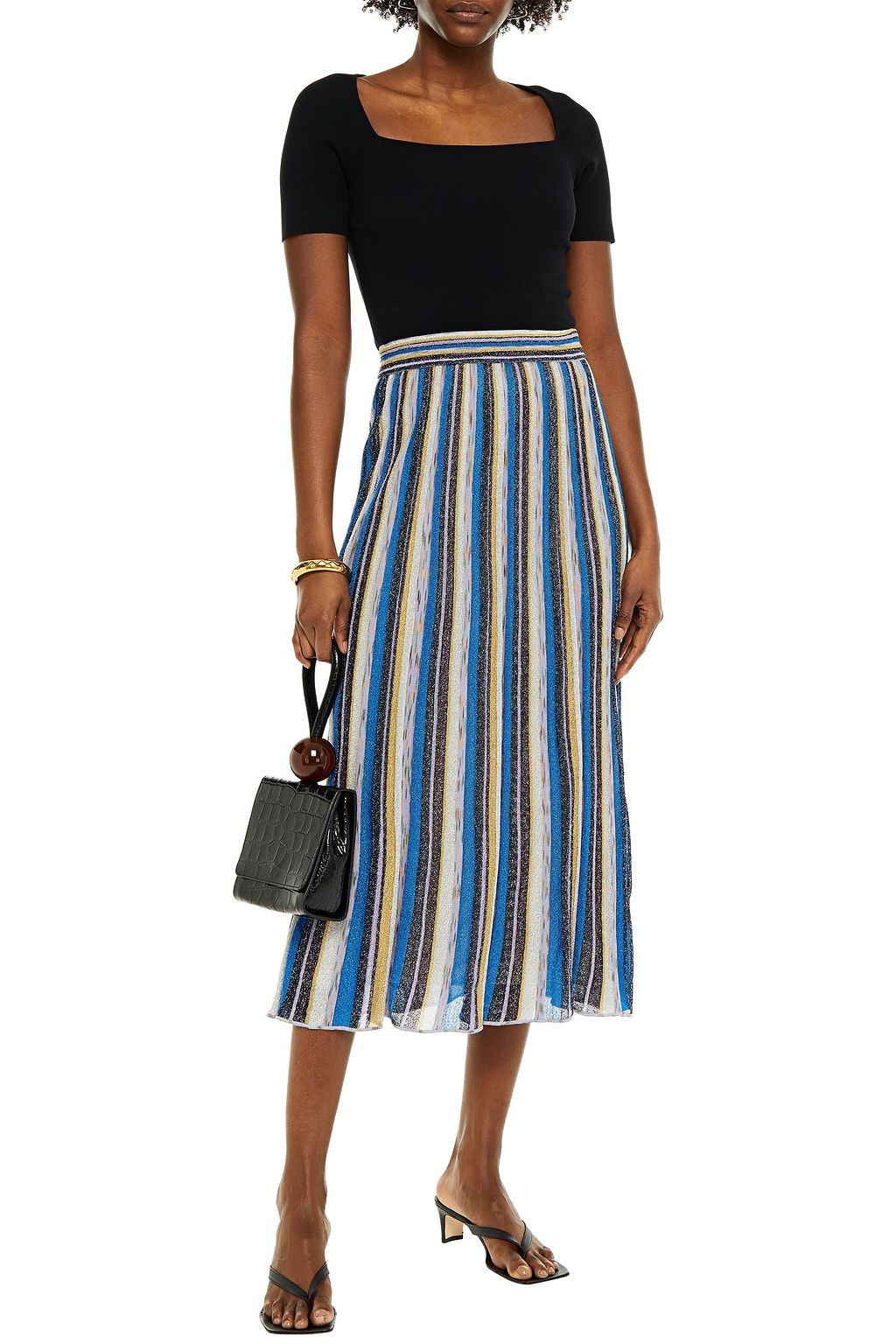 M MISSONI Pleated metallic striped knitted midi skirt