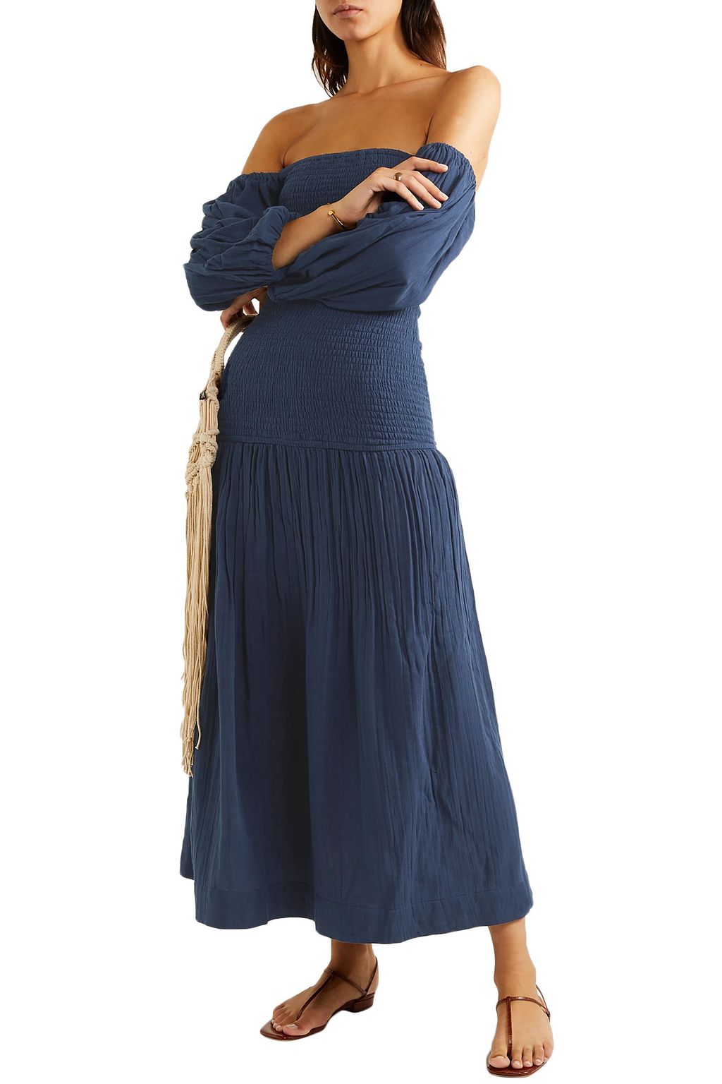 RHODE Harper smocked cotton-gauze midi dress