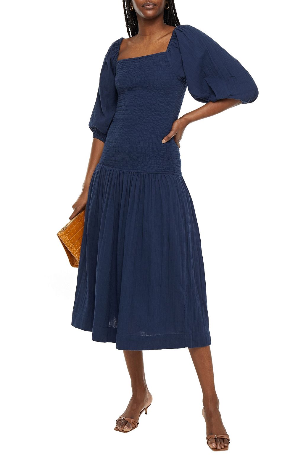 RHODE Harper smocked cotton-gauze midi dress