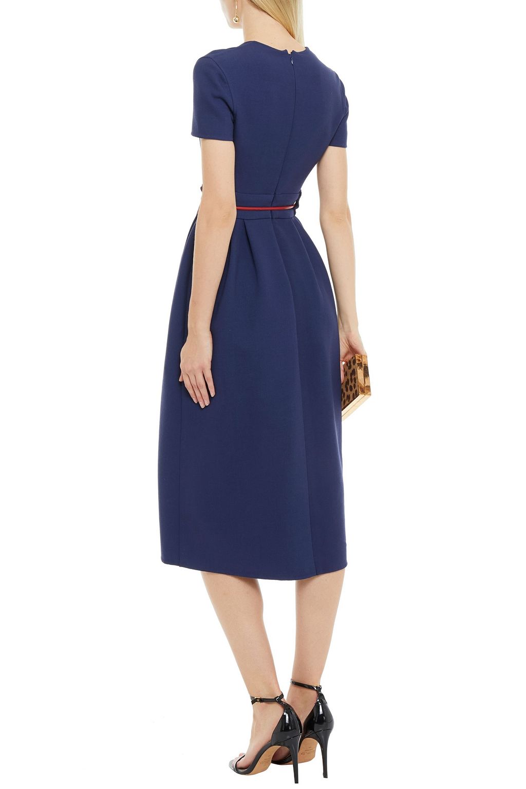 VALENTINO GARAVANI Leather-trimmed pleated wool-crepe dress
