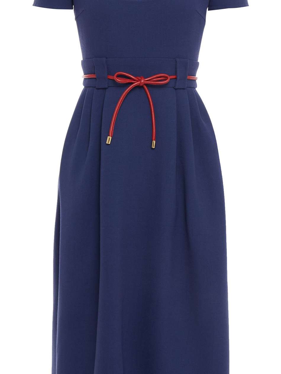 leather-trimmed pleated wool-crepe dress