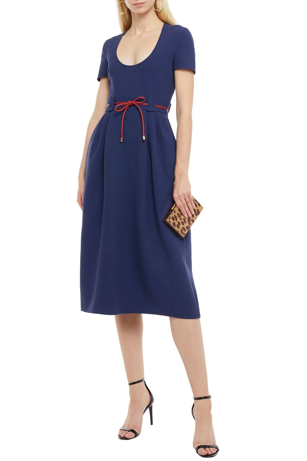 VALENTINO GARAVANI Leather-trimmed pleated wool-crepe dress